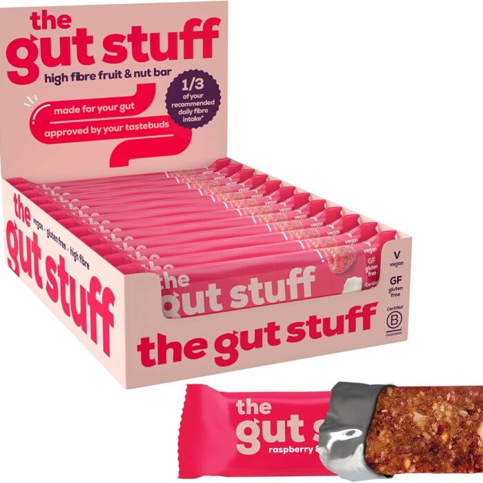 【Flash Sale】The Gut Stuff High Fibre Fruit & Nut Bars – Gut Friendly Snack, Gluten Free, Vegan, Low Calorie, All Natural - Raspberry & Coconut, 12 x 35g Box