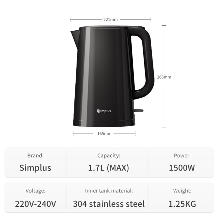 Simplus 1.7L Electric Kettle | 1500W Fast Heating | 304 Stainless Steel Inner | Double-layer Anti-Dry Burn Protection