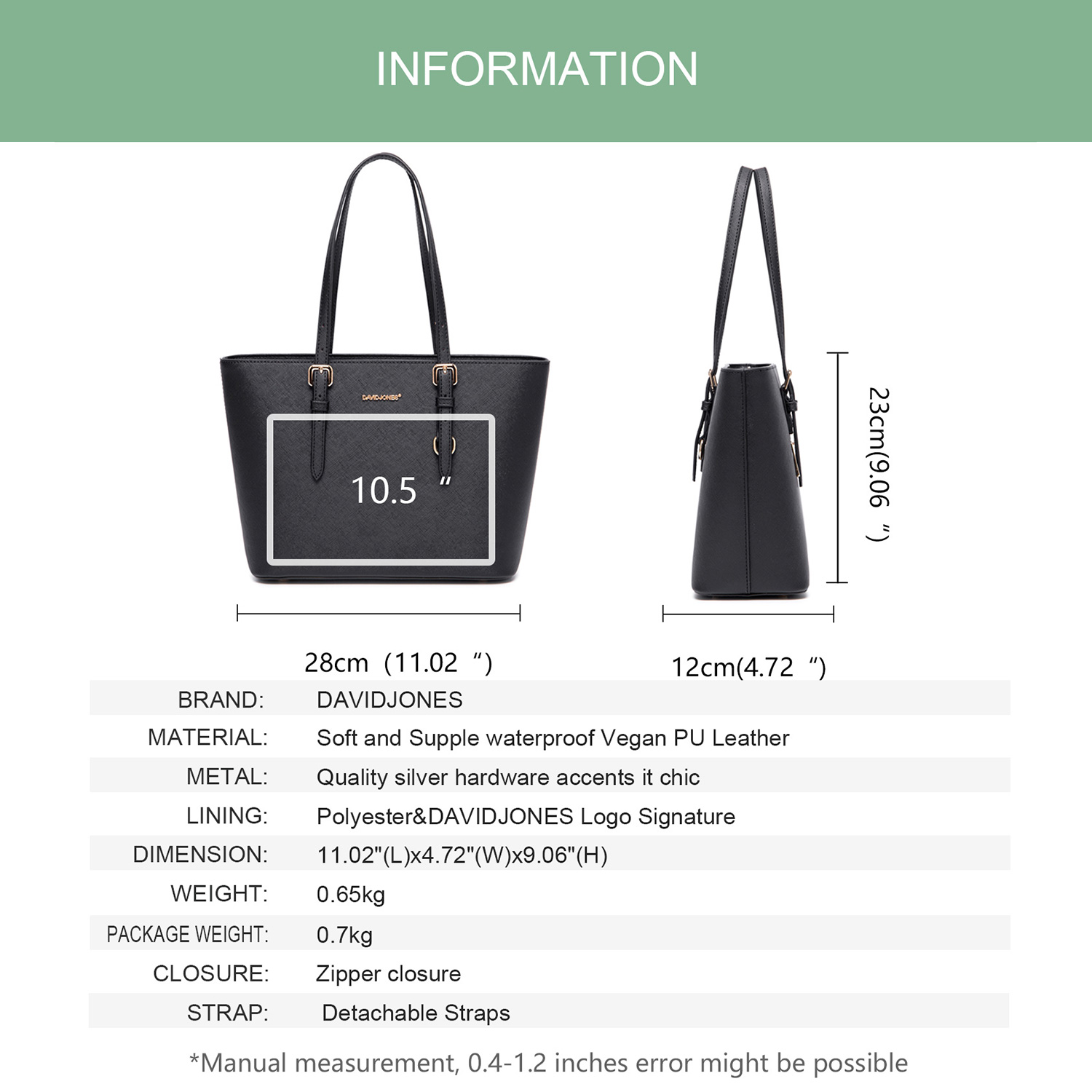 DavidJones Women's Medium PU Leather Tote Bag